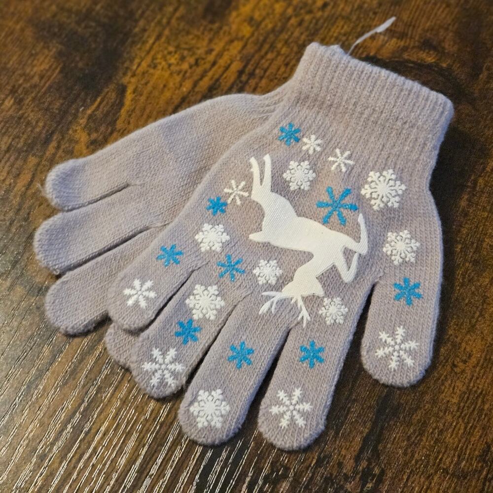 Boutique Gray Kids Winter Gloves w/ White Reindeer & Snowflake Design